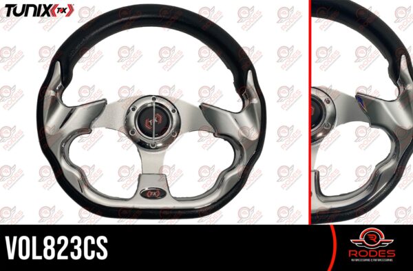 VOL823CS VOLANTE DEPORTIVO NEGRO CROMADO PLATA